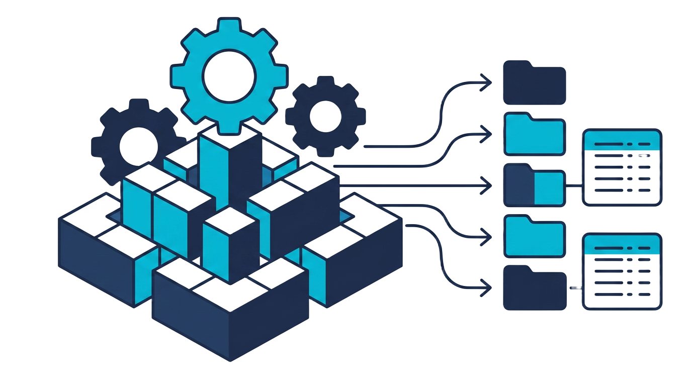 Data cleanup illustration: raw data organized into structured folders and tables.